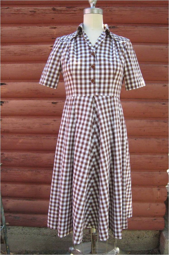 Brown Gingham Check Country Style Dress