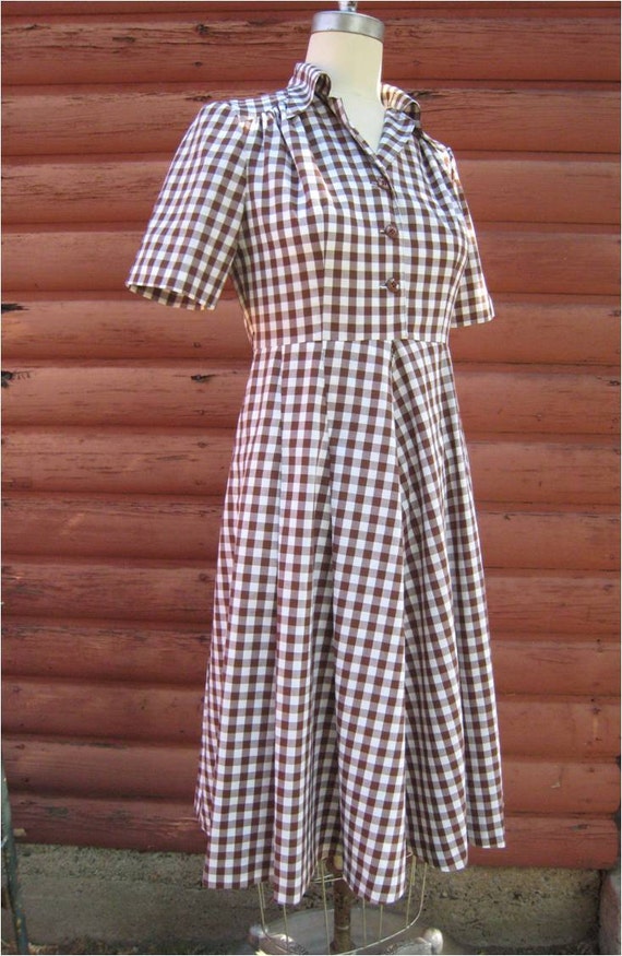 Brown Gingham Check Country Style Dress