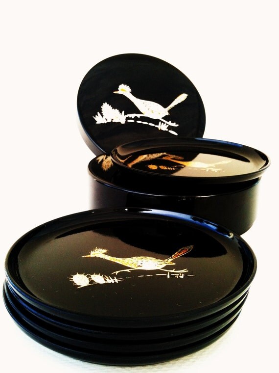 Vintage Otagiri Lacquer Roadrunner Coasters. Japan.