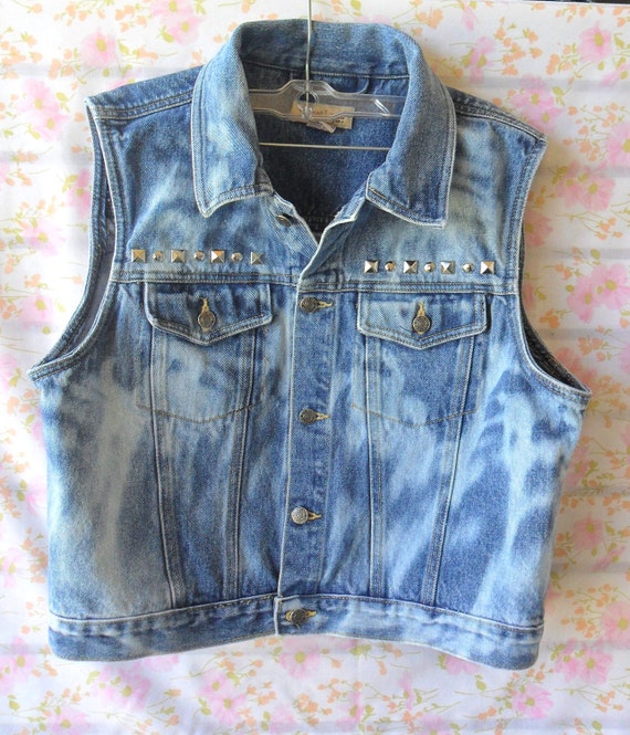 Vintage Blue Denim Vest Bleached Studded Size ML
