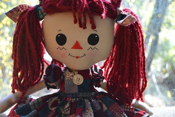 Raggedy Ann with pretty pony tails, including two-piece outfit and coordinating hair ties, handmade, USA