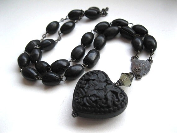 Black Rosary Necklace and Carved Cinnabar Heart. Black