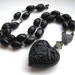 Black Rosary Necklace and Carved Cinnabar Heart. Black Cinnabar Heart with Antique Rosary Beads. Gothic Necklace.