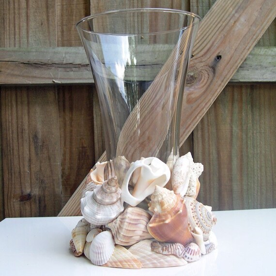 Items similar to Large Seashell Vase or Candleholder Embellished with Driftshells on Etsy
