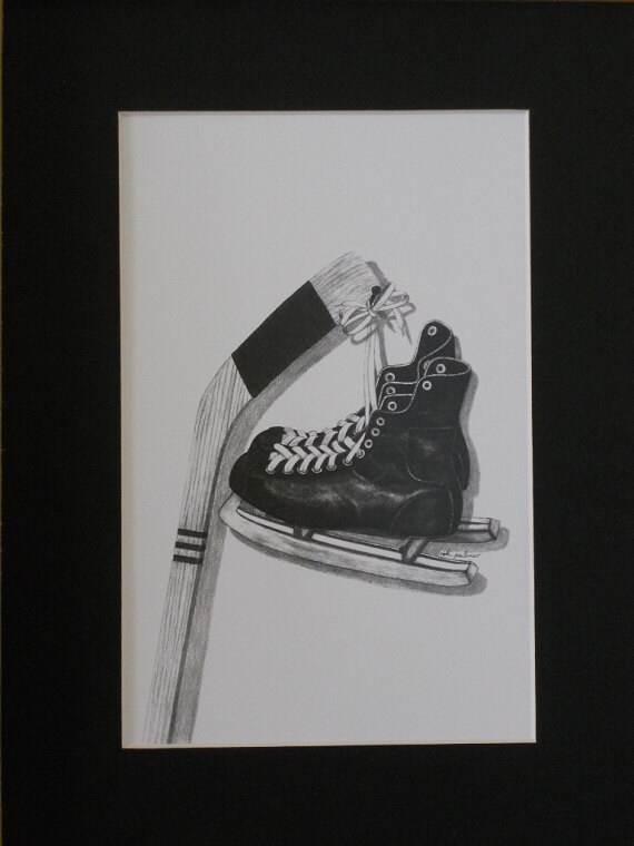 Hockey Stick and Skates Reproduction of Pencil Drawing
