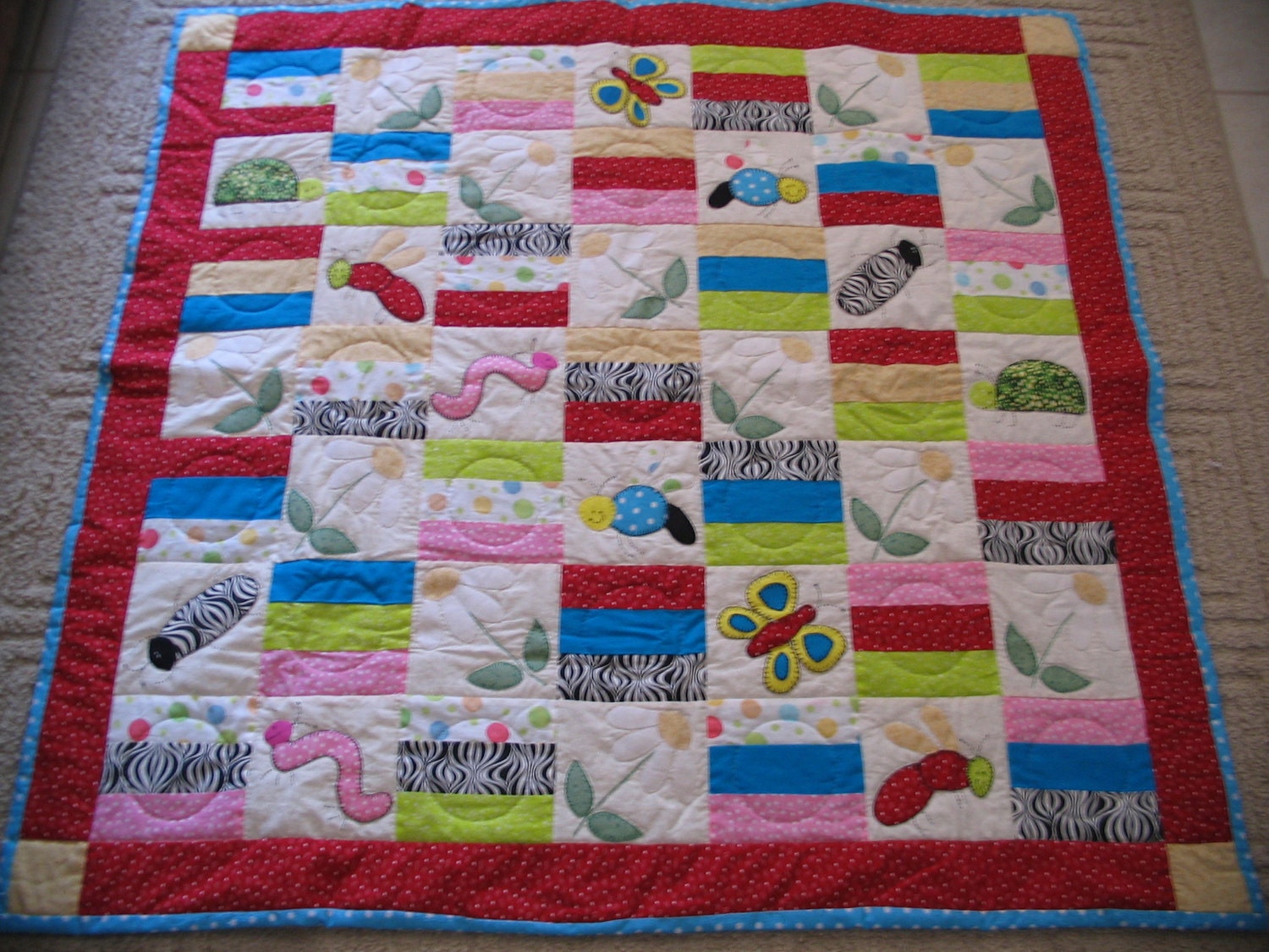 Unique Baby Quilt Bright Colors and Cute as a Bug