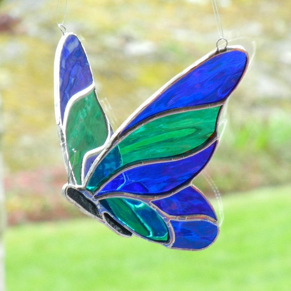 Items similar to Stained Glass Butterfly 3D Suncatcher Green and Blue