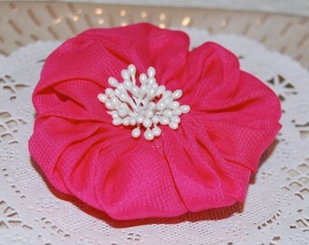 3" Raspberry Magenta Pink Fabric Flower - Ayshia - Chiffon soft fabirc flowers with creamy white pod centers with brooch pin & hair clip