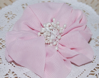 3" Light Pink Fabric Flower - Ayshia - Chiffon soft fabirc flowers with creamy white pod centers with brooch pin & hair clip