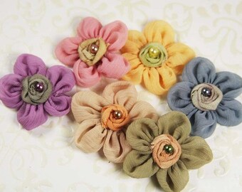 6 fabric flowers - flat back - Prima fabric flowers - Ballerina Blooms - margot 538828 - chiffon fabric blossoms with beaded centers 1.5"