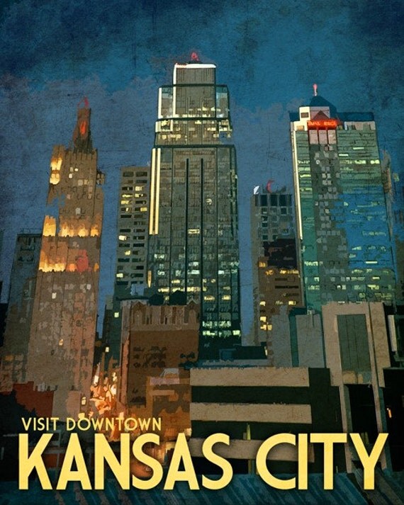 Kansas City Travel Print Downtown Vintage Deco Style Poster in