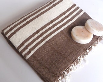 Handwoven, Natural Soft Cotton Bath and Beach Towel (Peshtemal), Brown, Mother's day gift, bathroom