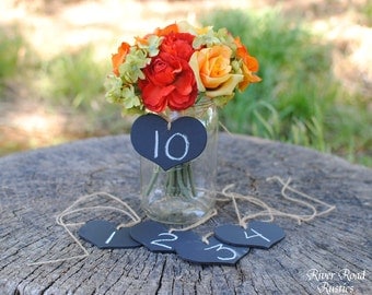 Rustic Wedding Decorations-Chalkboard Hearts with Twine (set of 10 Ready to Ship) - for centerpieces, table numbers, etc.