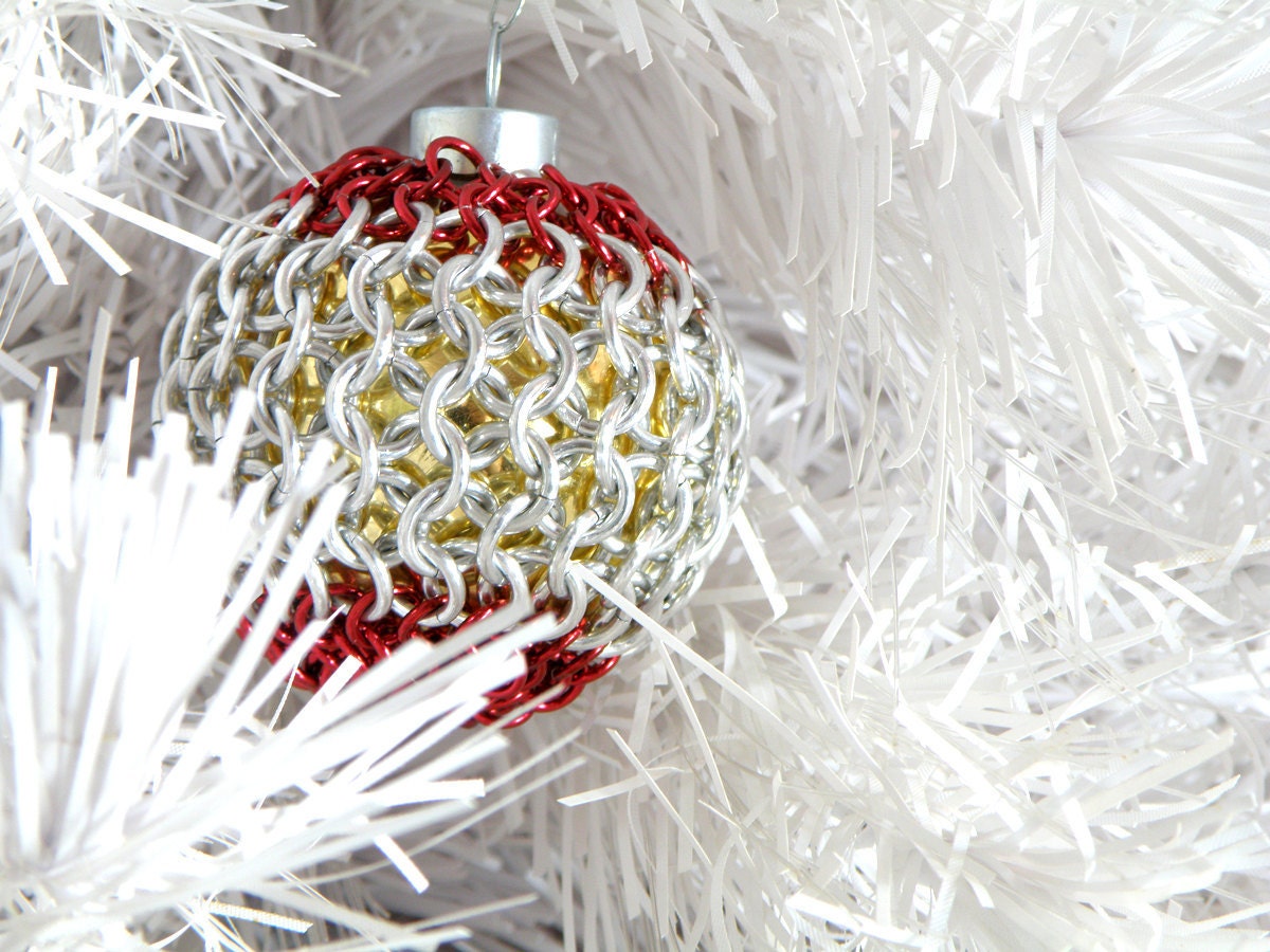 Christmas Tree Ornaments Red And Green Chainmaille Covered