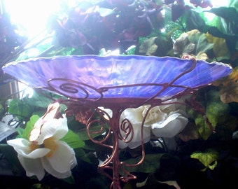 Garden Art, BIRDBATH, Bird Feeder, Iridescent Smoky Violet, Stained Glass, Copper, 8.25" diameter, Suncatcher