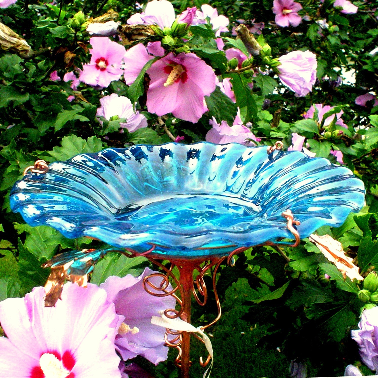 SUMMER Gardening BIRD BATH stained glass copper art