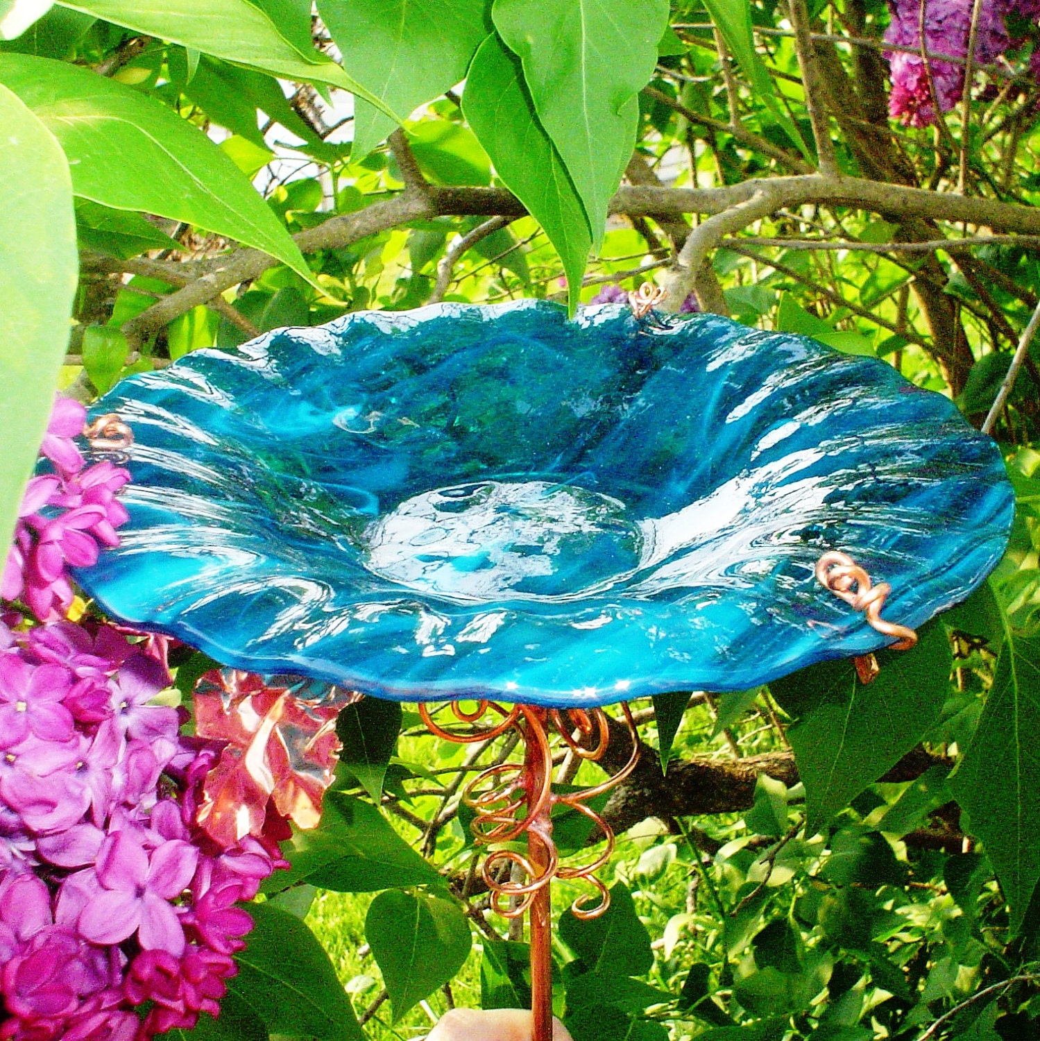 SUMMER Gardening BIRD BATH stained glass copper art