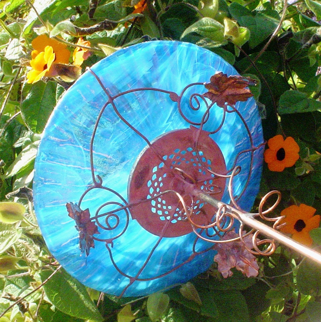 Glass BIRD BATH stained glass copper Aqua Blue 8.25