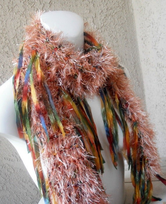 Items similar to Rust Multicolored Hand Knit Scarf Ribbon Fringe ...