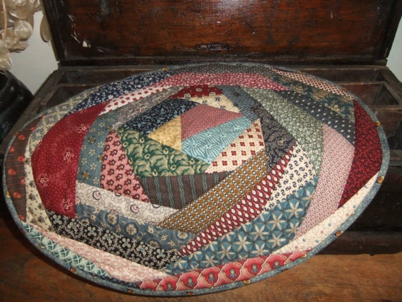 Primitive Oval Crazy Quilted Table Topper Hand Quilted