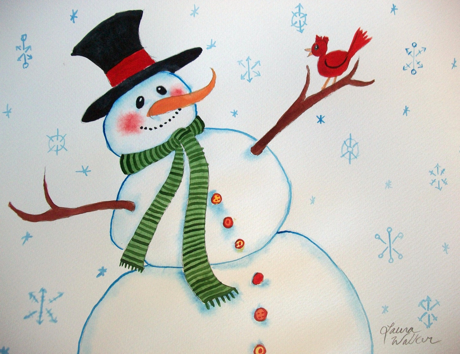 Watercolor Painting of Snowman Christmas decor by cullmanlaurasart