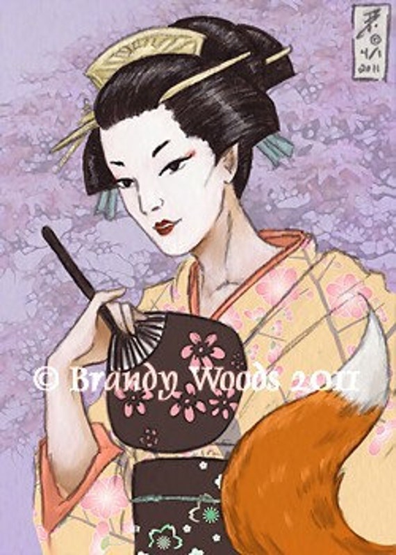 Japanese Kitsune Geisha Fox Aceo Fantasy Art Print Brandy 5246