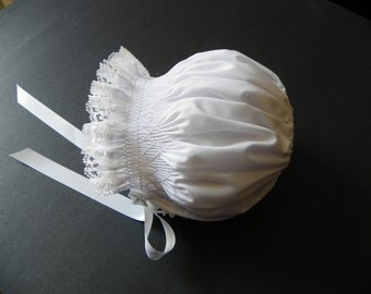 New Born White with White smocking bonnet