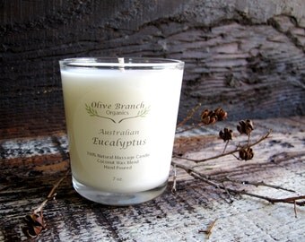 Olive Branch Organics Candle AUSTRALIAN EUCALYPTUS Coconut Wax Candle Essential Oils Vegan All Natural 7 oz.