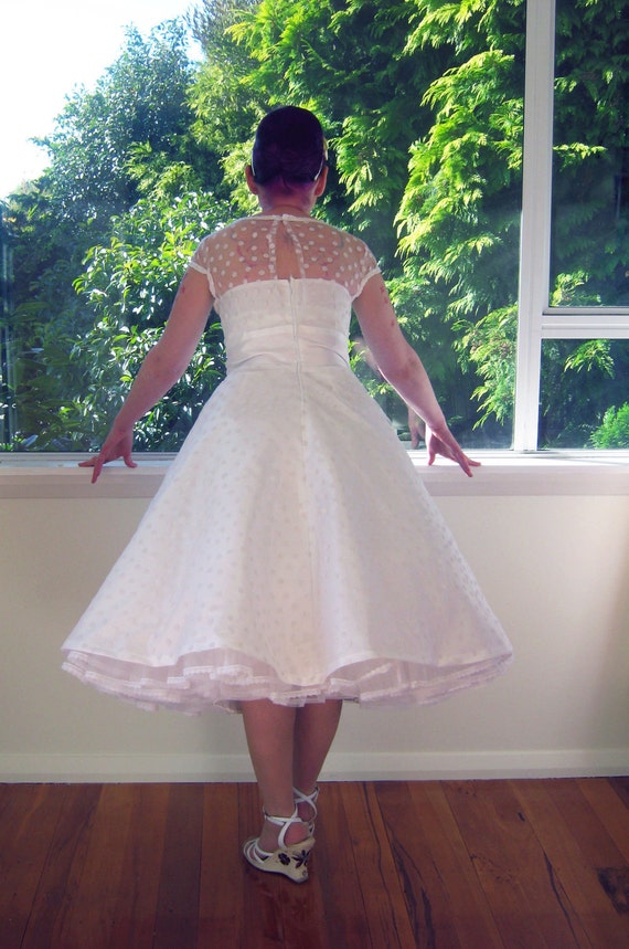 1950's Style White Wedding Dress with Polka Dot Overlay