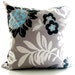 Grey And Aqua Blue Decorative Pillow Cover. Flowers And Foliage. Cotton