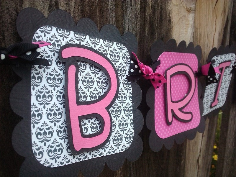 Bride To Be Banner pink black & white damask