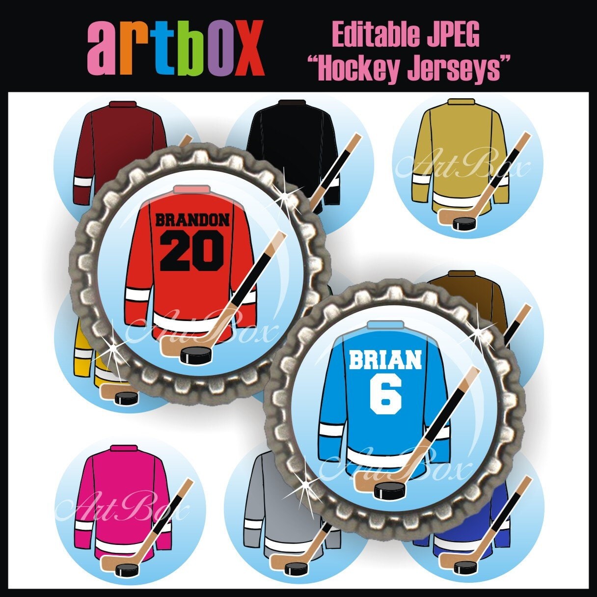 Editable Hockey Jerseys Bottle Cap Images 4x6 Digital Jpeg