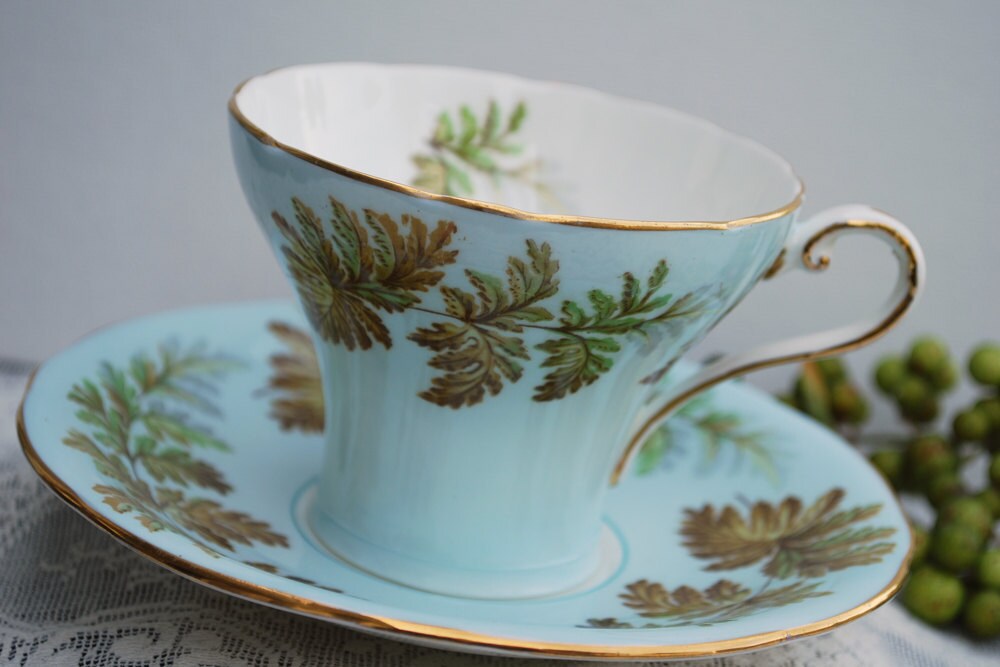 Aynsley Pale Blue Fern Tea Cup and Saucer by