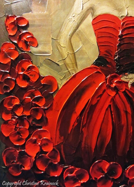 Original Art Abstract Painting Woman Red Dress Dance Figure