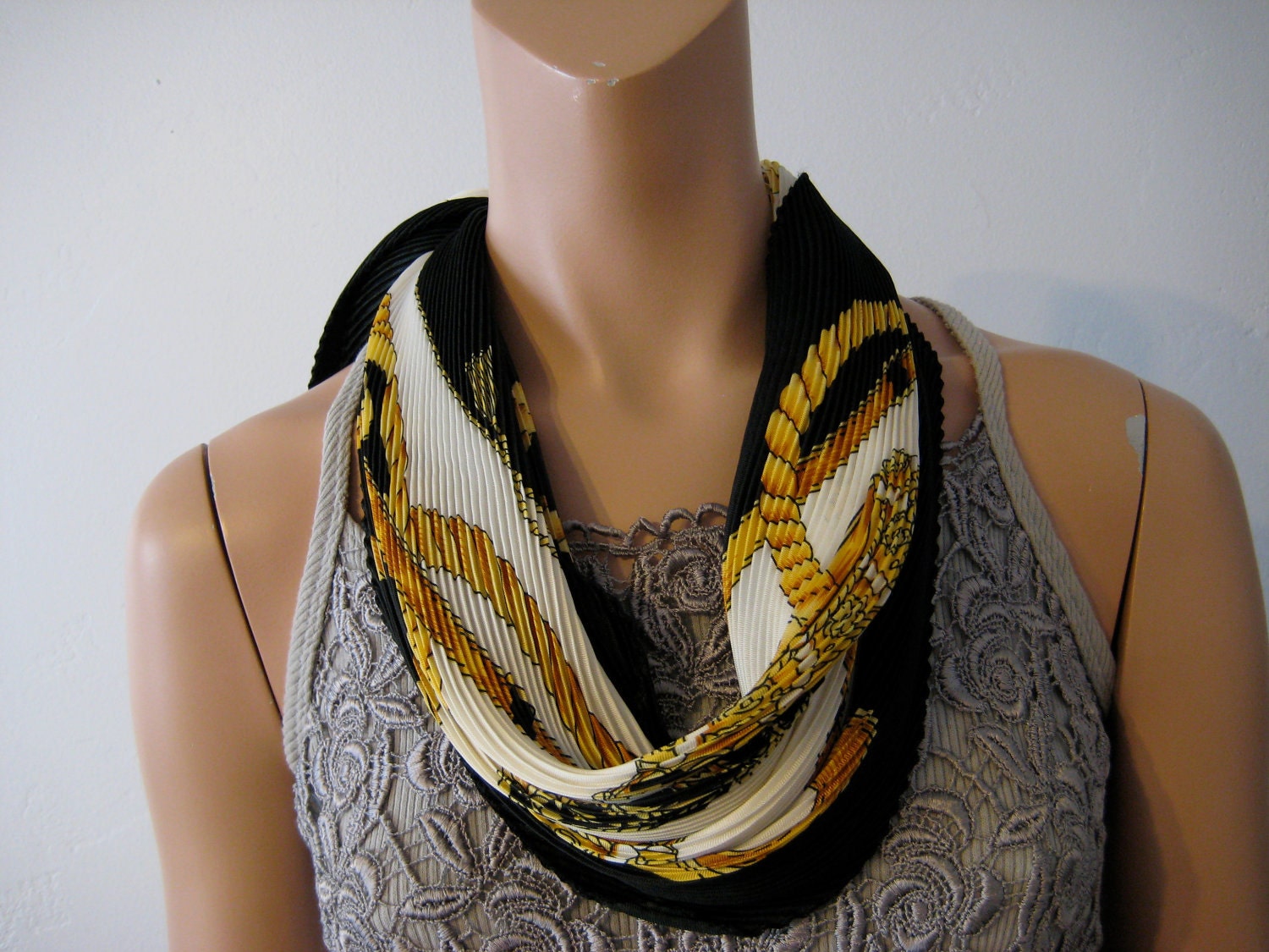 Pleated Scarf Hermes Style Black Gold and Cream