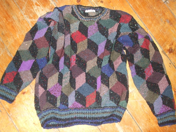 Vintage handknit tumbling blocks sweater by Kaffe Fassett