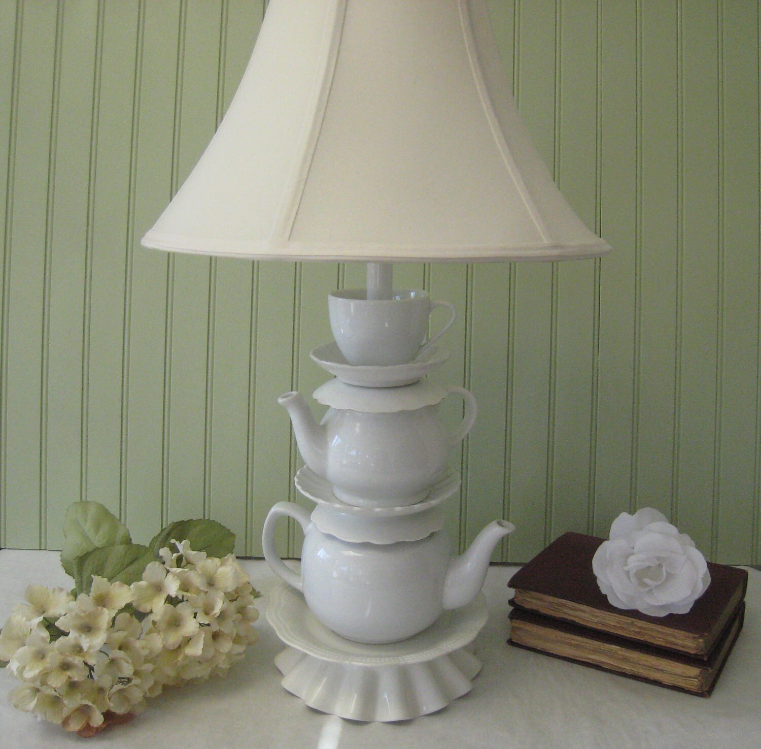Stacked Teapot Lamp Two White Teapots Tea Cup and by ThistleandJug