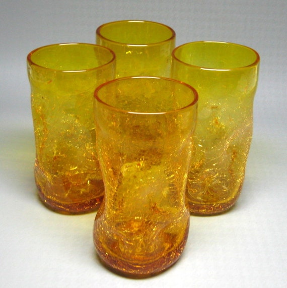 Blenko Glass Tumblers Crackle Glass With Pinch Design Vintage