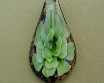 Murano Inner Flower, Lampwork Glass Pendant, Teardrop, (50x28x10)mm.