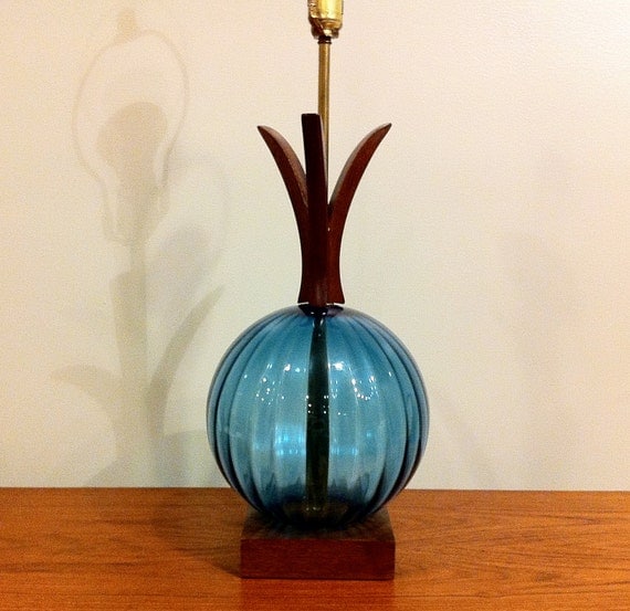 Mid Century Wood And Blue Glass Globe Table Lamp
