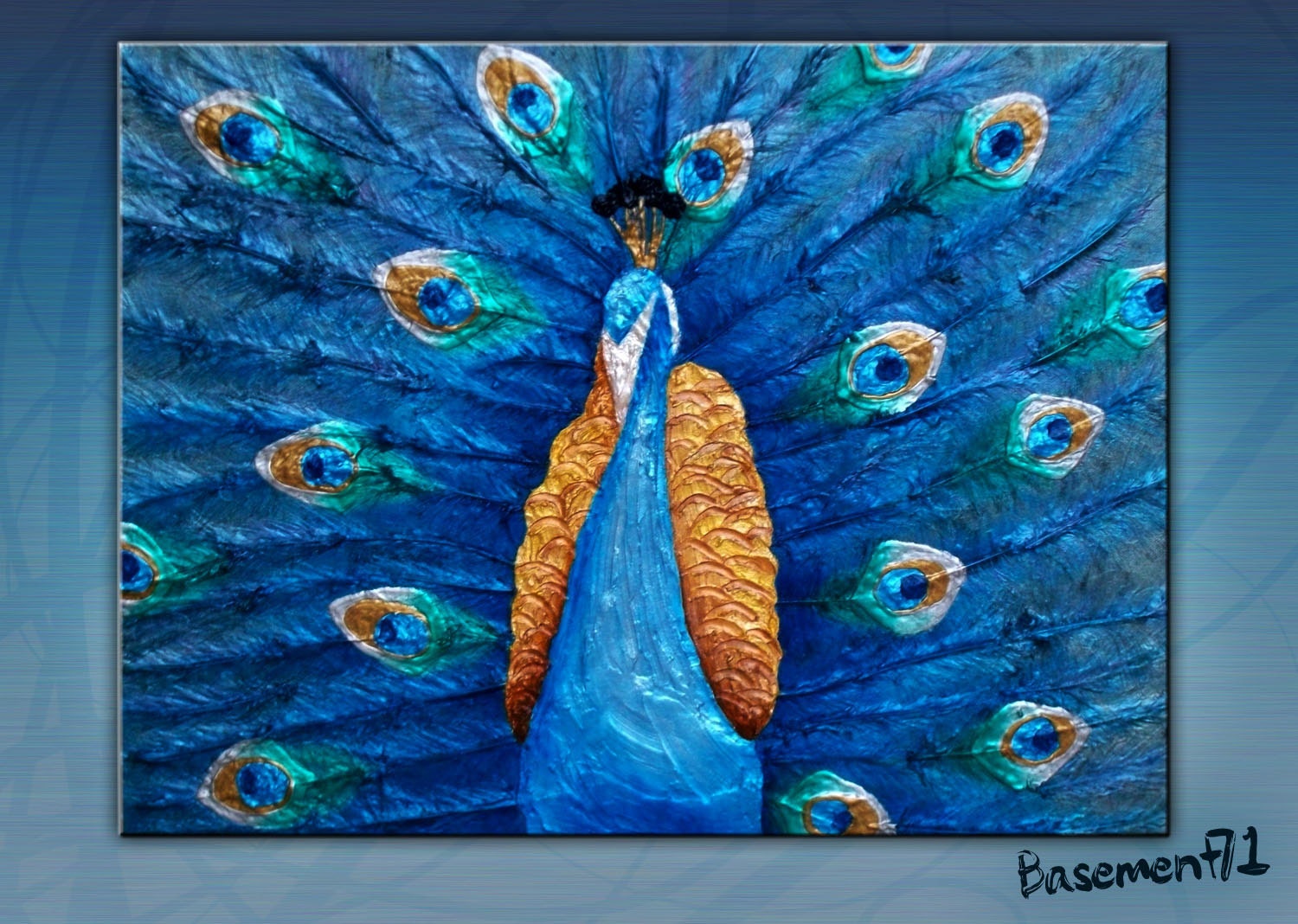Iridescent Peacock art. Textured acrylic painting metallic