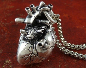 Gothic Heart Necklace Antique Silver Anatomical Heart Pendant on 24" Antique Silver Chain