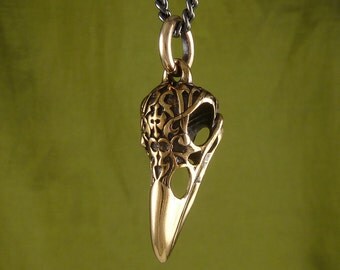 Bird Skull Necklace Bronze Raven Skull Pendant with Tribal Motif on 24" Gunmetal Chain