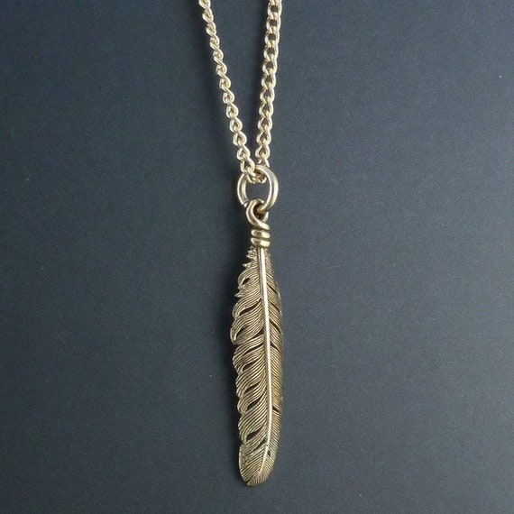 Feather Necklace Bronze Feather Pendant on 24 Gold