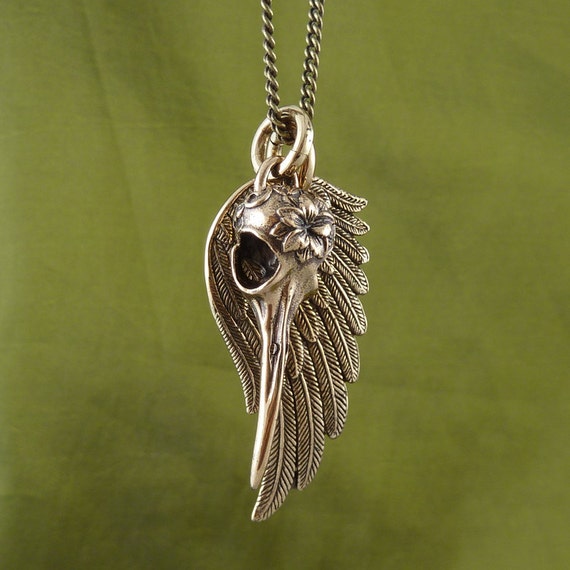 Angel Wing and Bird Skull Necklace Bronze Hummingbird and Wing