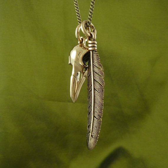 Bird Skull and Feather Necklace Bronze Raven Skull and Feather