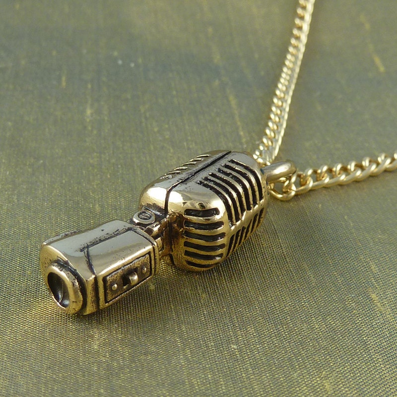 Microphone Necklace Bronze Microphone Pendant on 24 Gold
