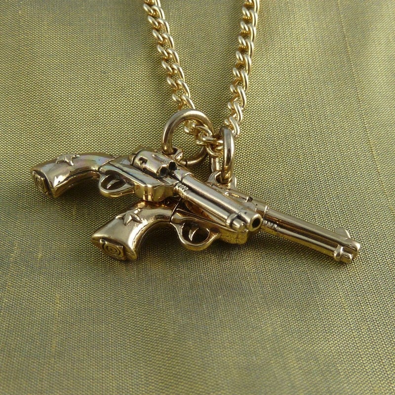 Gun Necklace Bronze Pistol Pendant on 24 Gold Plated