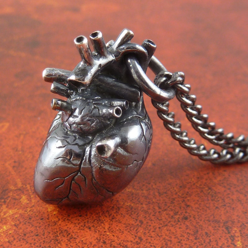 Sterling Silver Anatomical Heart Necklace Oxidized .925