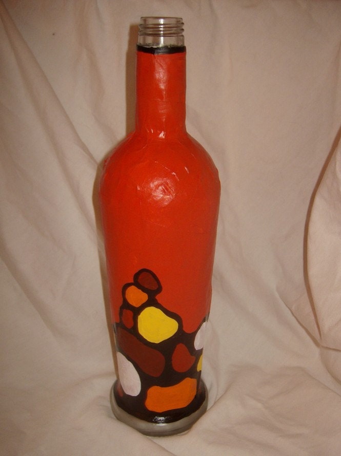 Decorative paper mache covered bottle painted painting orange